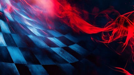Poster - Checkered flag with vibrant red and blue smoke. Dynamic racing background.