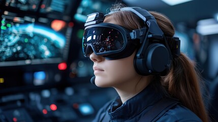 Poster - woman engages with a cutting-edge virtual reality headset while surrounded by various illuminated control panels in a modern technology hub. Her expression reflects intense focus and immersion