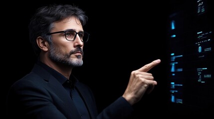 Poster - business professional with glasses and gray hair interacts with a digital screen displaying data metrics in a sophisticated workspace illuminated by ambient lighting