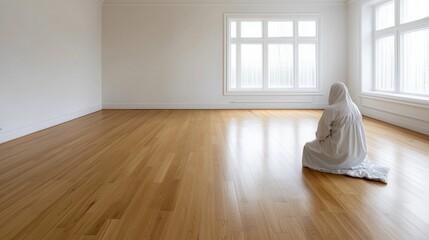 Poster - woman dressed in white sits peacefully on the polished wooden floor of an empty room. Sunlight streams through large windows, creating a serene atmosphere