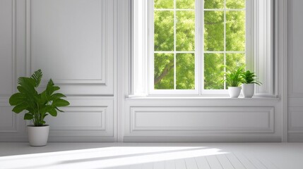 Poster - Natural light floods a spacious room featuring white walls and a large window. Lush plants in pots sit on the window ledge, adding a touch of nature to the serene interior