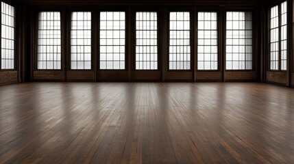 Poster - Wide open space features polished wooden floors and multiple tall windows. Natural light filters through the glass, creating a bright and airy atmosphere. Ideal for events or gatherings