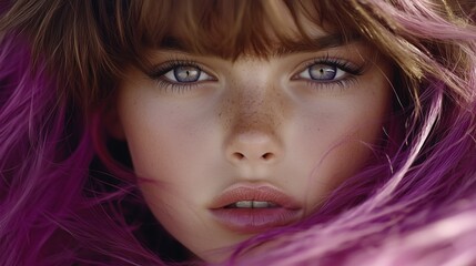 Wall Mural - young woman with luxurious pink hair and captivating blue eyes gazes directly at the viewer, showcasing her unique beauty in bright natural light, surrounded by a soft, blurred background