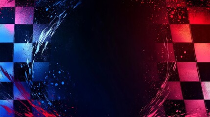 Poster - Checkered flag background with vibrant color splatter effect.