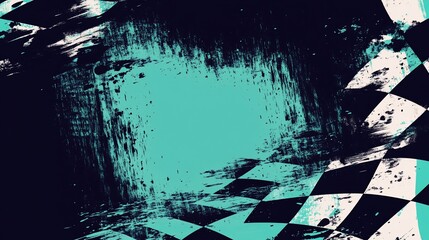 Poster - Grunge checkered racing flag background with teal spot.