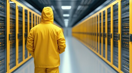 Poster - technician dressed in a yellow jumpsuit is walking through a high-tech data center filled with rows of server racks