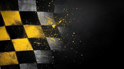 Poster - Checkered racing flag with yellow and black squares, white chalk dust, and dark background.