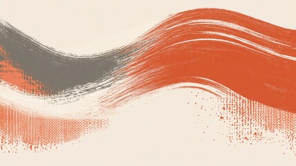 Abstract painting with flowing, textured brushstrokes in muted orange and gray tones on a light beige background.