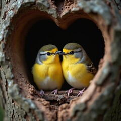 Canvas Print - Two Adorable Birds Nestled In Heart Shaped Tree Hollow