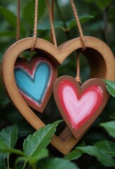 Wall Mural - Wooden Heart Frames Encasing Painted Hearts Amidst Greenery