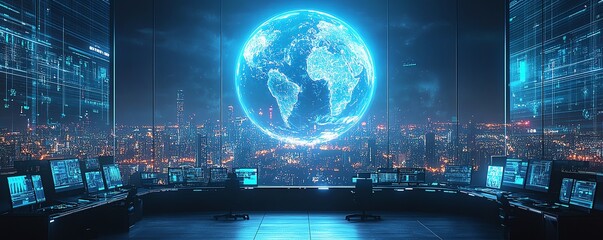 Poster - A glowing globe at the heart of a futuristic control room