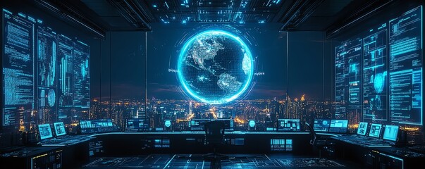 Poster - A glowing globe at the heart of a futuristic control room