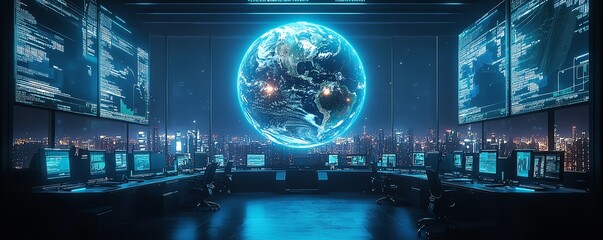 Poster - A glowing globe at the heart of a futuristic control room