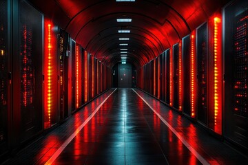 Poster - Illuminated hallway in a data center featuring rows of server racks with vibrant red lights at night