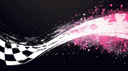 Poster - Abstract checkered flag design with pink splashes on dark background. (1)