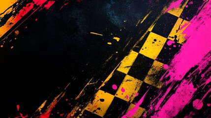 Aufkleber - Abstract design with vibrant paint splatters and checkered pattern. (1)
