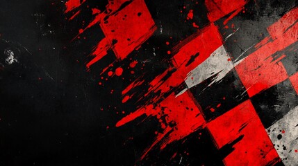 Poster - Grunge checkered flag with red and black distressed paint splatter.