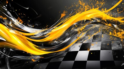 Poster - Abstract racing background with dynamic yellow and black streaks over checkered pattern.