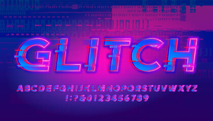 Aufkleber - Glitch alphabet font. Glitched neon letters and numbers. Stock vector typeface for your design.