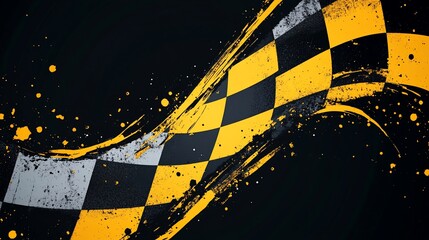 Poster - Checkered flag with grunge texture, black and yellow.