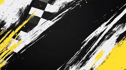 Poster - Abstract racing flag graphic design with black, white, and yellow brush strokes.