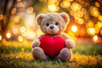 Wall Mural - Adorable Teddy Bear Holding a Heart - Panoramic Romantic Stock Photo