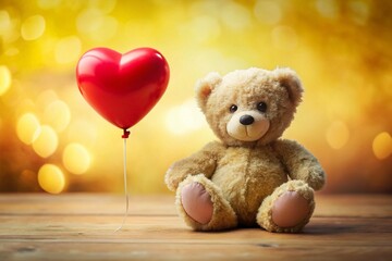 Wall Mural - Adorable Teddy Bear with Red Heart Balloon - Soft Background Stock Photo