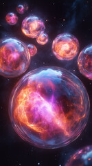 Poster - Cluster of colorful bubbles with nebula and galaxies, cosmic beauty