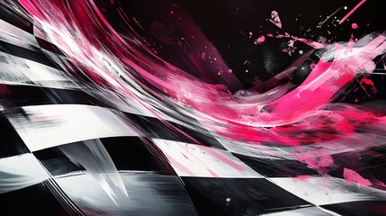 Poster - Abstract checkered flag with pink and white splashes.