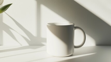 Poster - Soft morning light graces a minimalist white coffee mug resting on a light-colored surface, casting delicate shadows. Nearby, a hint of greenery adds warmth to the tranquil setting