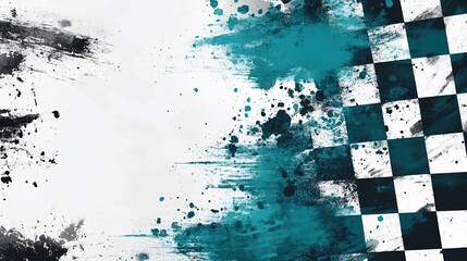 Fototapete - Checkered flag with teal paint splatter, grunge texture.