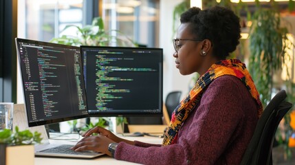 Aufkleber - A skilled Black software developer concentrates on writing code at a bright, contemporary office. Surrounded by plants, two screens display lines of code as focus and creativity flow together