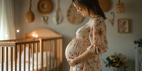 Pregnant woman, floral dress, nursery room, baby crib, paper decorations, warm tones, soft lighting, bohemian style, expectant mother, tender moment, vintage aesthetic, pastel colors, dreamy atmospher