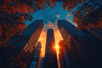 Wall Mural - Sunset view between skyscrapers with vibrant orange sky in an urban setting