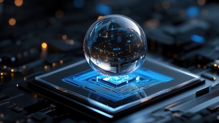 A futuristic transparent sphere hovering over a glowing blue digital platform