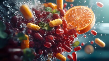 Poster - Refreshing burst of juicy ripe citrus fruits and vibrant red berries splashing and exploding in a dynamic flow of fresh clean water  Healthy natural ingredients brimming with vitamins