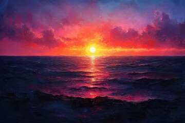 Wall Mural - Colorful sunset over the ocean with vibrant clouds reflecting orange and pink hues on the water