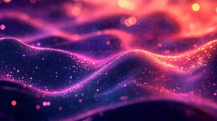 Poster - Glowing ethereal wave of vibrant digital particles painting a captivating futuristic and mystical atmosphere  The dynamic shimmering pattern creates a sense of energy innovation and imagination