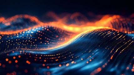 Poster - mesmerizing abstract background with dynamic waves of glowing digital particles in a vibrant neon gr