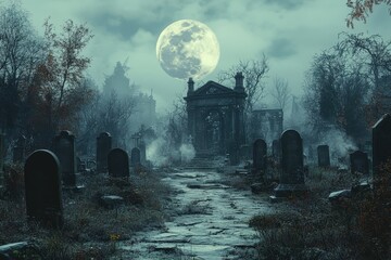 Eerie graveyard under a full moon with mist and historic tombstones at night