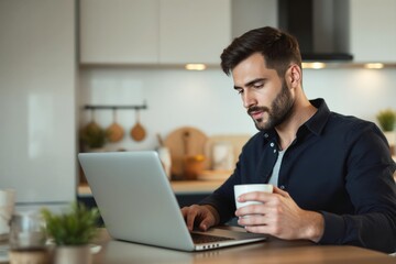 Wall Mural - A man working on a laptop, holding a coffee cup, in a bright, modern kitchen. Warm atmosphere depicts productivity and comfort. Ai generative