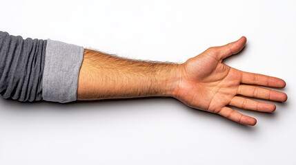 Outstretched Hand: A close-up shot of a male arm and hand outstretched, palm up, against a plain background.  The image conveys openness, invitation, and a sense of giving or receiving.