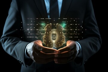 Poster - Businessman presenting a futuristic glowing microchip and digital circuitry
