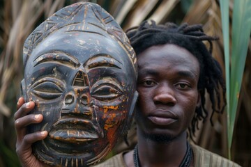 African artist is holding a traditional wooden mask from his tribe