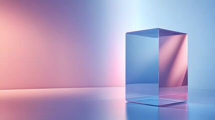 Poster - Minimalist abstract geometric cube prism shape in pink and blue gradient colors on empty studio backdrop  Clean simple modern 3D render for product display fashion or beauty visual concept