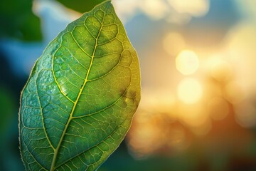 Fototapete - Close up of a green leaf glowing in the warm sunlight with a blurred background