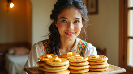 Russian Maslenitsa celebration with a woman in folk costume holding oiled pancakes.