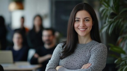 Poster - A cheerful employee stands with arms crossed, exuding confidence and positivity. In the background, colleagues engage in meaningful work, enhancing the collaborative atmosphere