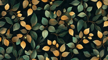 Poster - Golden and Emerald Leaves Seamless Pattern