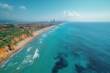 Coastal view showcasing urban skyline and sandy shores under a clear blue sky during daytime